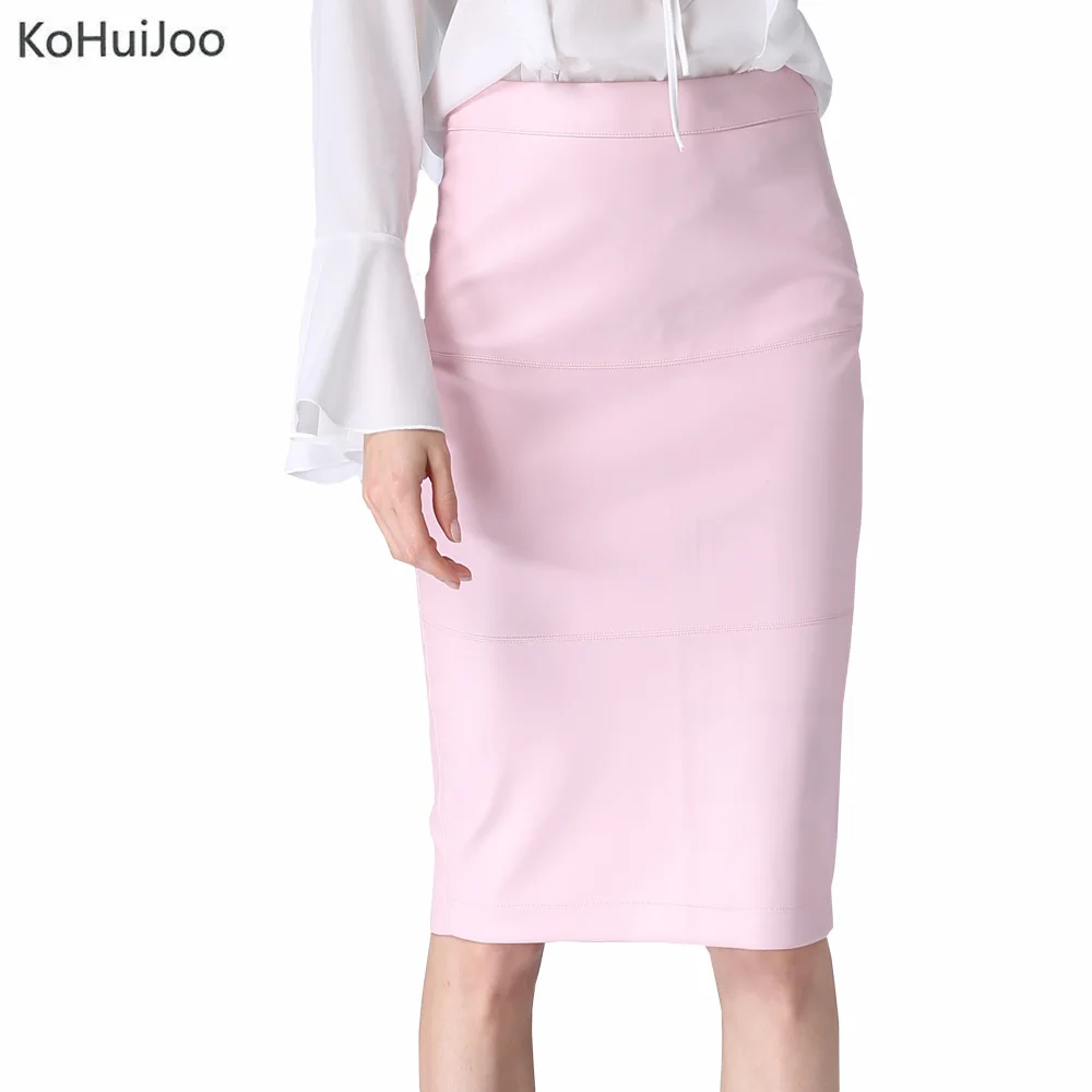 Женская юбка карандаш KoHuiJoo черная/розовая из искусственной кожи с высокой талией
