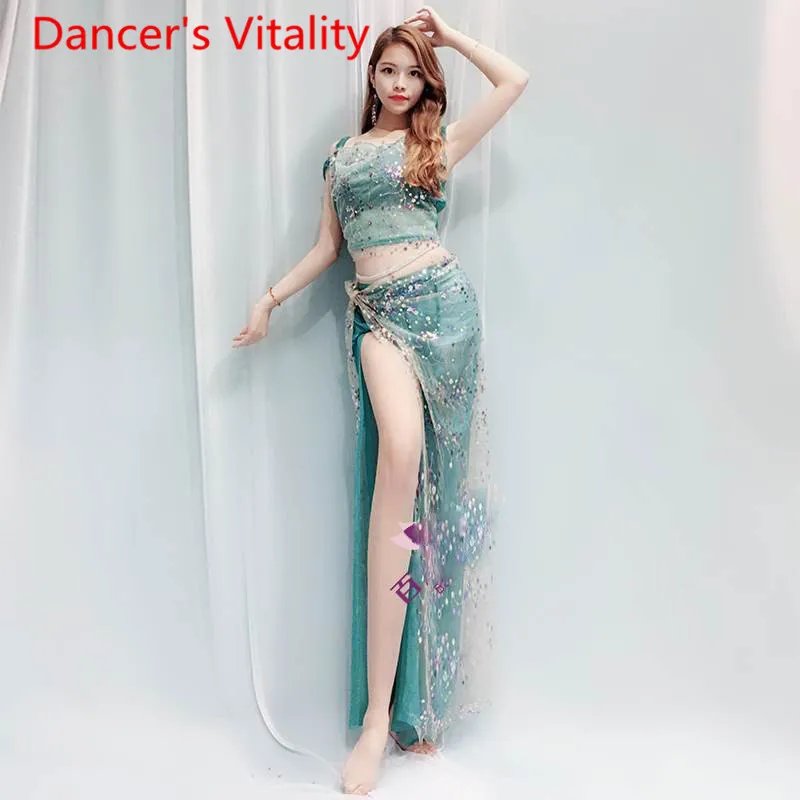 green straps style Костюм колокольчика топ+ юбка 2шт одежда Цветные вышитые бисером плечи Фея одежда Костюм 4 стиля танец живота - Цвет: green straps style