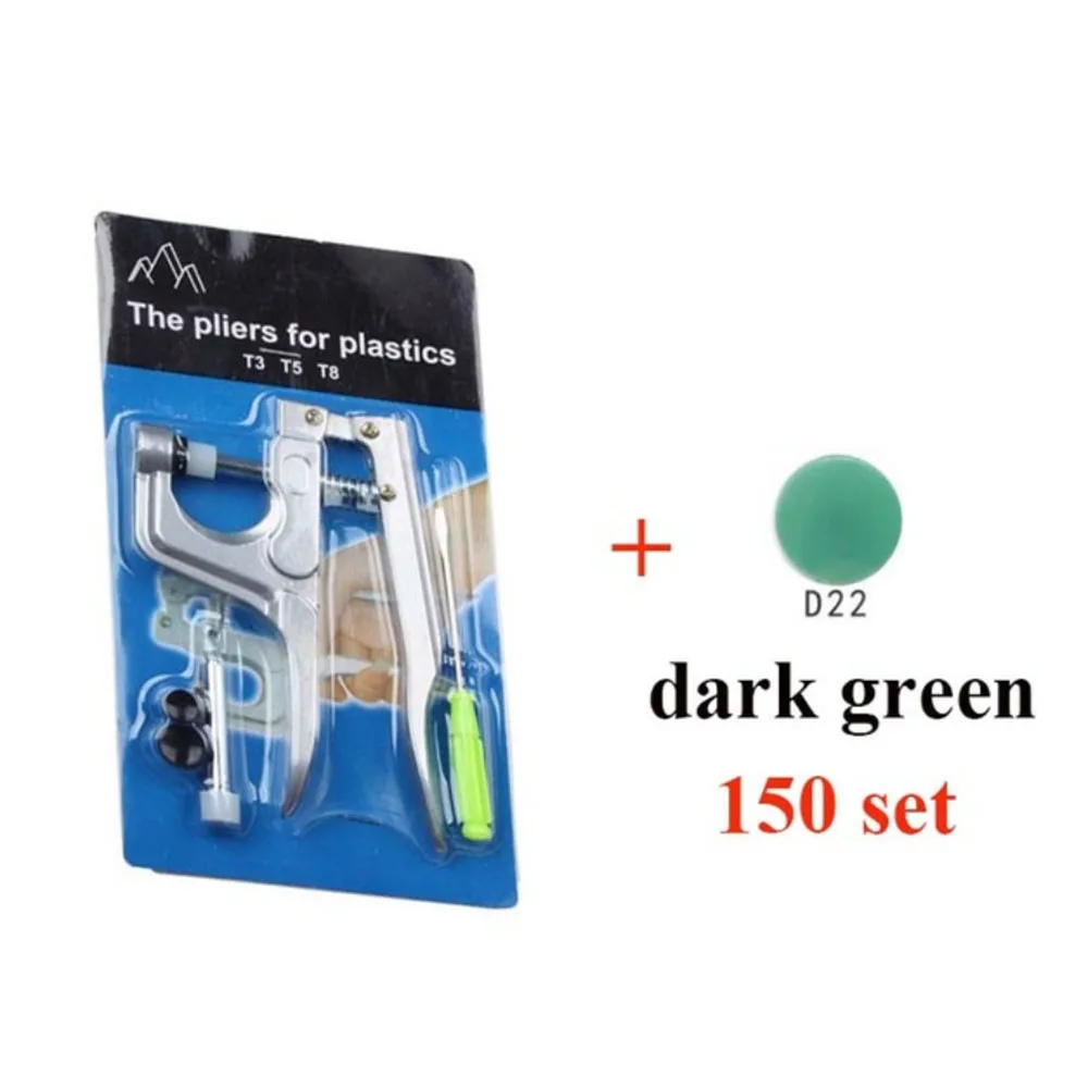 plier and 150 Dgreen U-образная застежка, плоскогубцы, кнопка KAM+ 150, набор T5, пластиковая полимерная кнопка, кнопка, пресс-шпилька, ткань, кнопка, пресс-машина, швейный инструмент - Цвет: plier and 150 Dgreen
