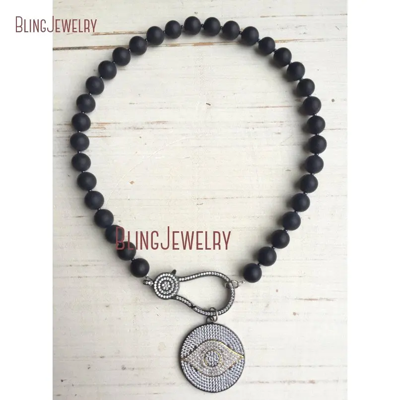 ?? マットブラックオニキスショートネックレスパヴェクリスタルガンメタルクラスプガンメタルゴールドパヴェクリスタル邪眼ディスクチョーカーネックレス NM18385