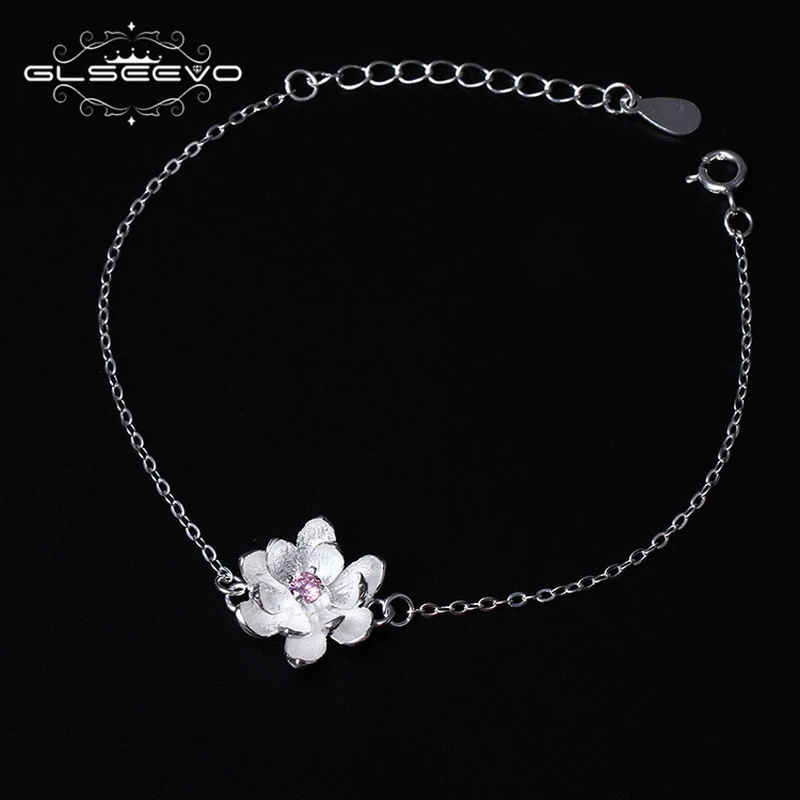 GLSEEVO 925 Sterling Silver Flower Bracelet For Woman Pink Zircon Adjustable Bijoux Argent Massif Jewelry GB0010 | Украшения и