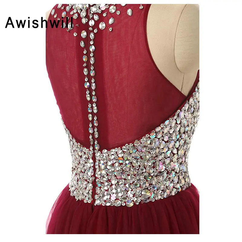 

Real Photo Sleeveless Floor Length Beaded Rhinestone Tulle Customized Long Prom Dress for Party Fashion Evening Dresses Burgundy