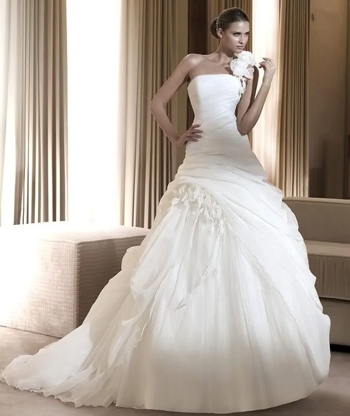 8 Hot Sale Sexy Wedding Dress Bride Party Gowns Ball Gown One Shoulder Flowers Sleeveless Organza Vestidos De Novia | Свадьбы и