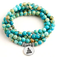 natural stone beads blue sea sediment bracelet men lotus buddha om charm necklace elastic rope bracelets 108 mala jewelry