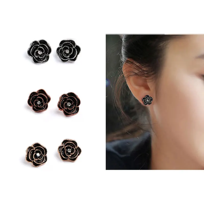 

New Big Brand Camellia Earring Korean Rose Rhinestone Stud Earrings Black Luxury Woman Jewelry Party Gift