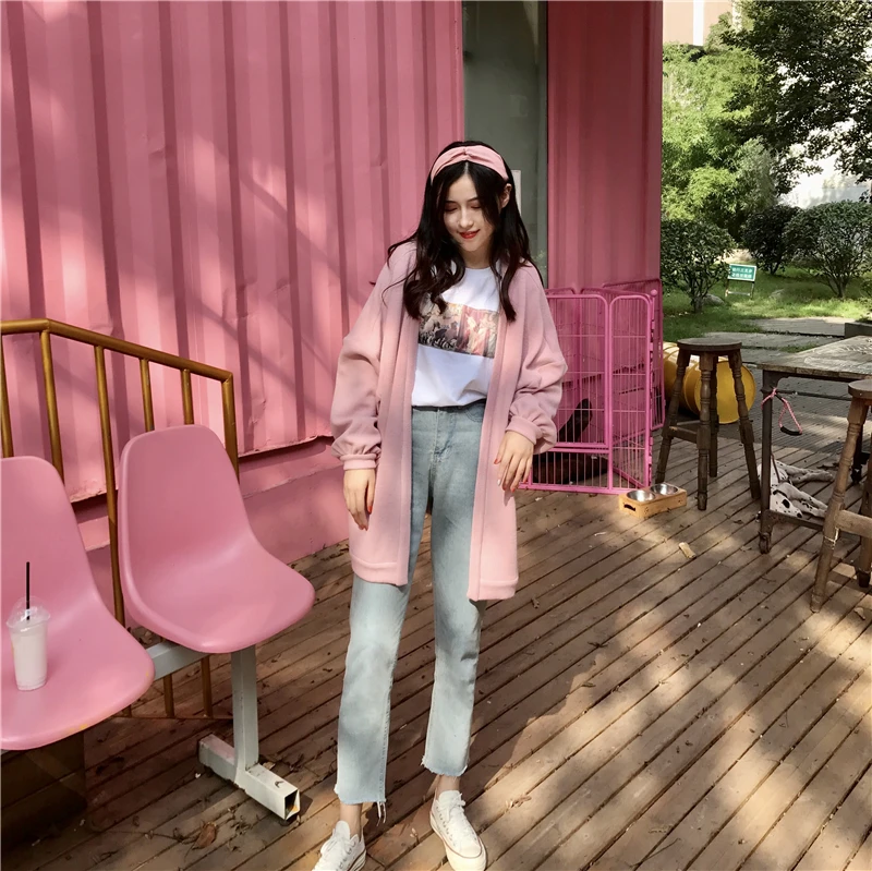Осень и зима. Универсальные свободные ulzzang Harajuku ветровка BF длинный свитер кардиган пальто толстый женский
