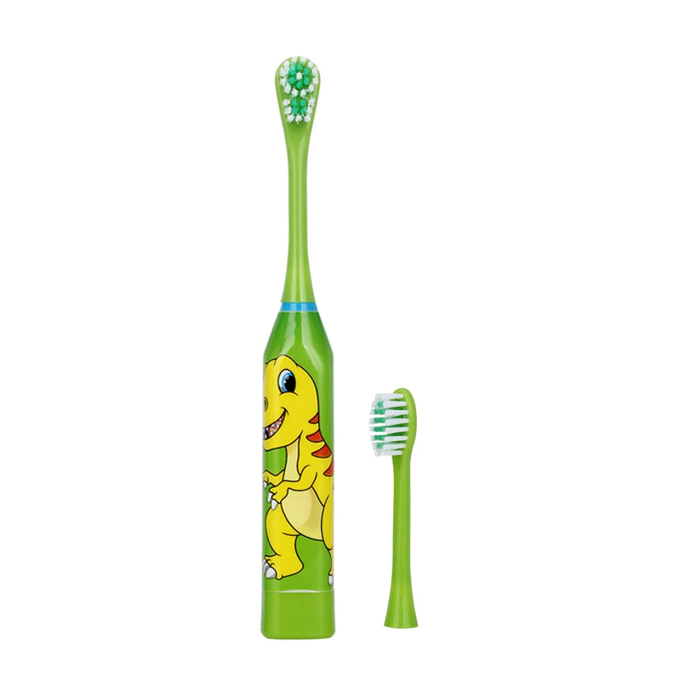 Green with 2 heads Детская электрическая зубная щетка с героями мультфильмов; Сменные головки; Детская электрическая зубная щетка(батарея не входит в комплект - Цвет: Green with 2 heads