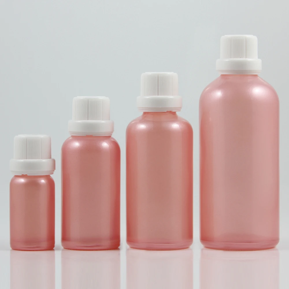 50pcs wholesale Glass 100 ml pink color empty Essential Oil Bottle With plastic white burglarproof screw lid , 100ml glass bottle