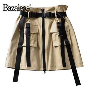 T16 Khaki Bazaleas уличная зеленая Женская трапециевидная юбка с высокой талией и поясом мини-юбка юбки Харадзюку Женская Повседневная тонкая короткая юбка - Цвет: T16 Khaki