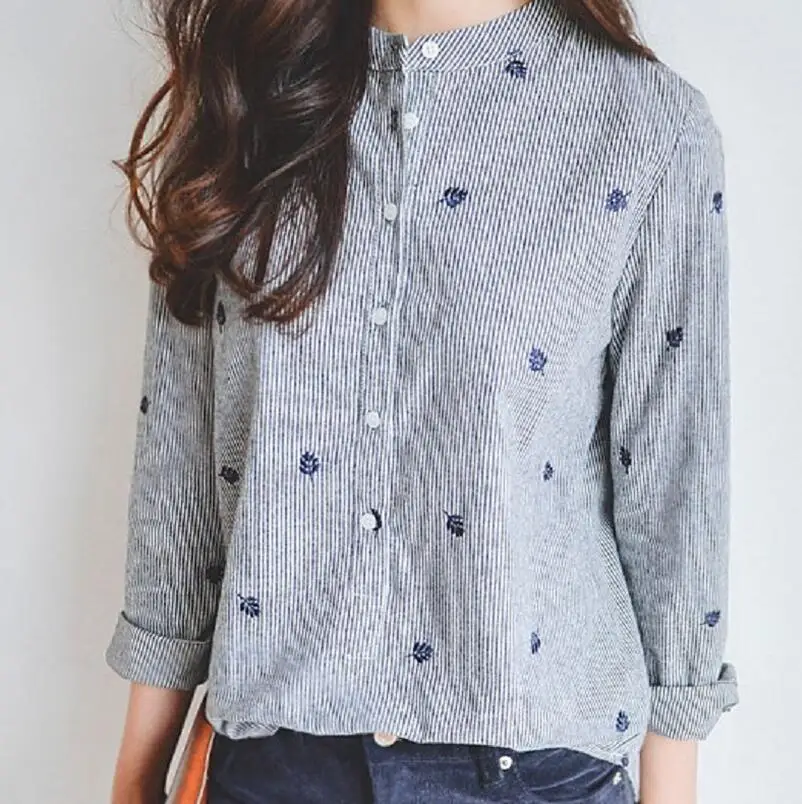 2017 Для женщин модная одежда с длинными рукавами хлопковые полосатые Блузки для