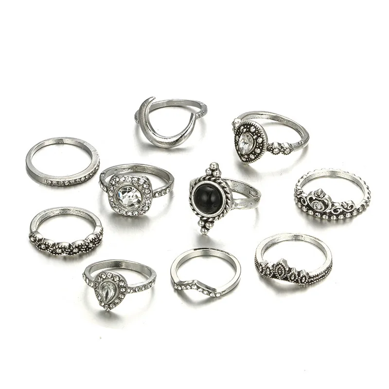 10pcs/Set Vintage Punk Antique Moon Leaf Flower Carved Midi Finger Rings For Women Bohemian Knuckle Ring Set Jewelry Wholesale | Украшения