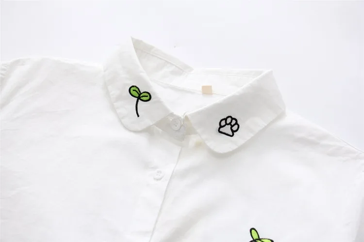 Женская белая блузка рубашка из хлопка Новинка лета милая с вышивкой кота