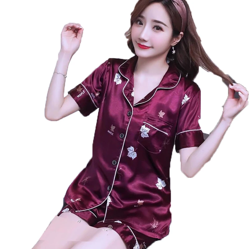 

Summer Korean Fashion Silk Pajamas Women Turn-Down Collar Sleepwear 2 Two Piece Set Shirt+Shorts Casual Pajama Sets Home Clothes