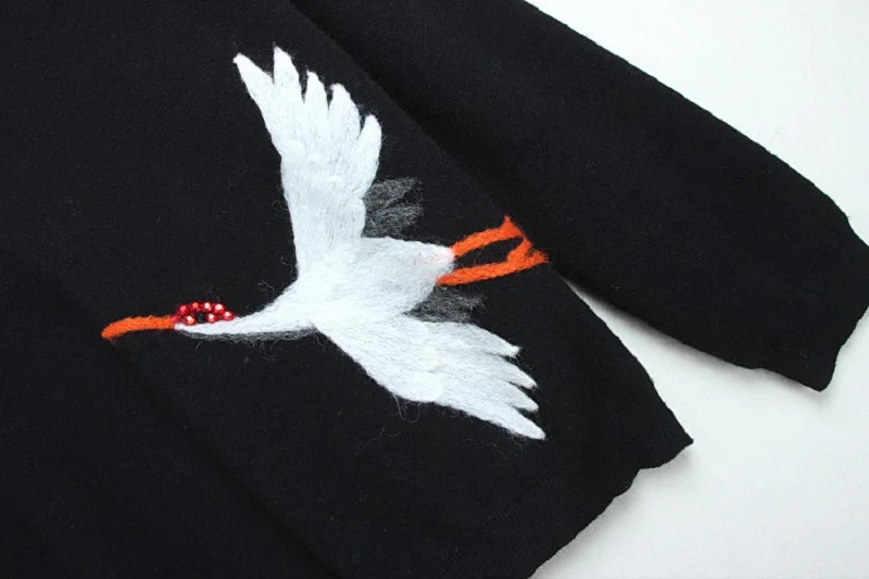 Top Quality Runway Designer Sweater Women Pullover 2018 New Red-crowned Crane Embroidery Winter Wool Knit Oversized Jumper | Женская
