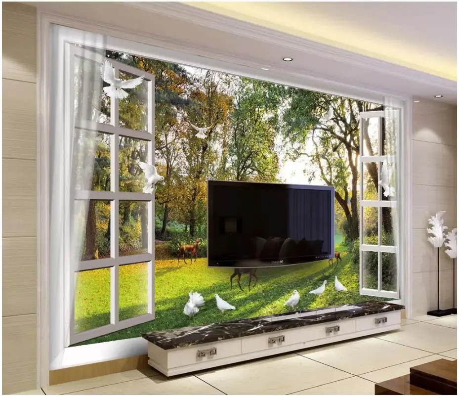 Custom photo wallpaper for walls 3 d murals Window outside the forest small river deer dove TV background wall | Обустройство дома