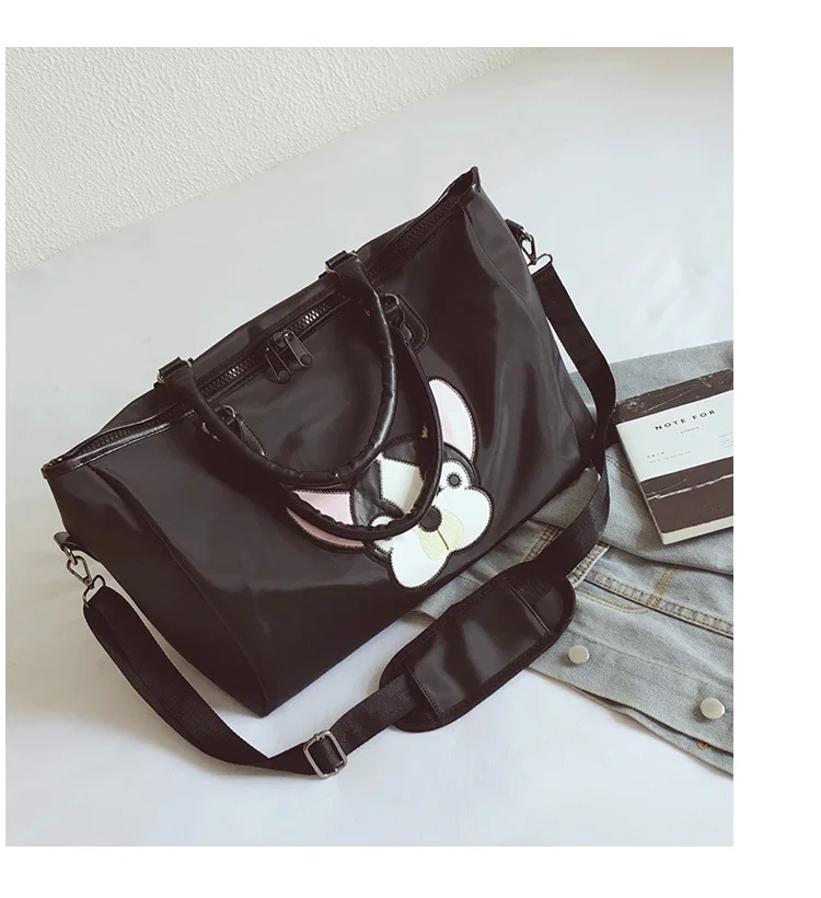 Fashion Casual PU Leather Travel Bags Black Couple Cartoon Dog Embroidery Overnight Weekend Bag Short Trip GYM Big Hand Luggage