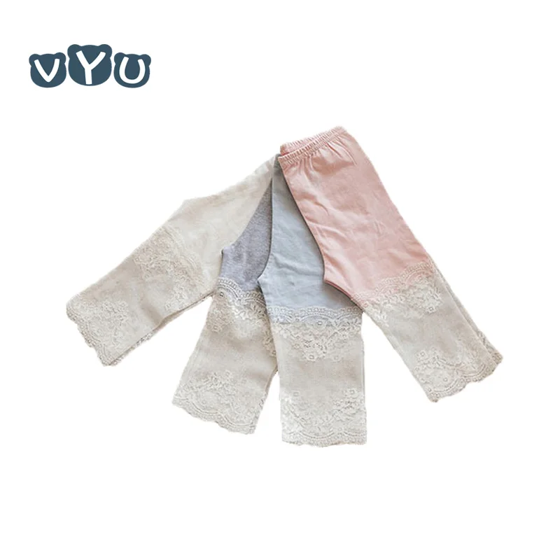 

VYU Baby Girls Lace Stitching Knee Length Leggings Cotton Good Quality Preschool Children Girls Kids Lace Splice Leggings 3~10Y