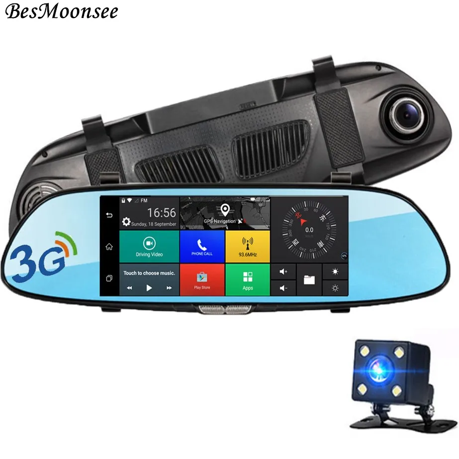 BesMoonsee 3G 7 дюймов Автомобильный видеорегистратор зеркальная камера Android GPS Wifi FHD 1080P