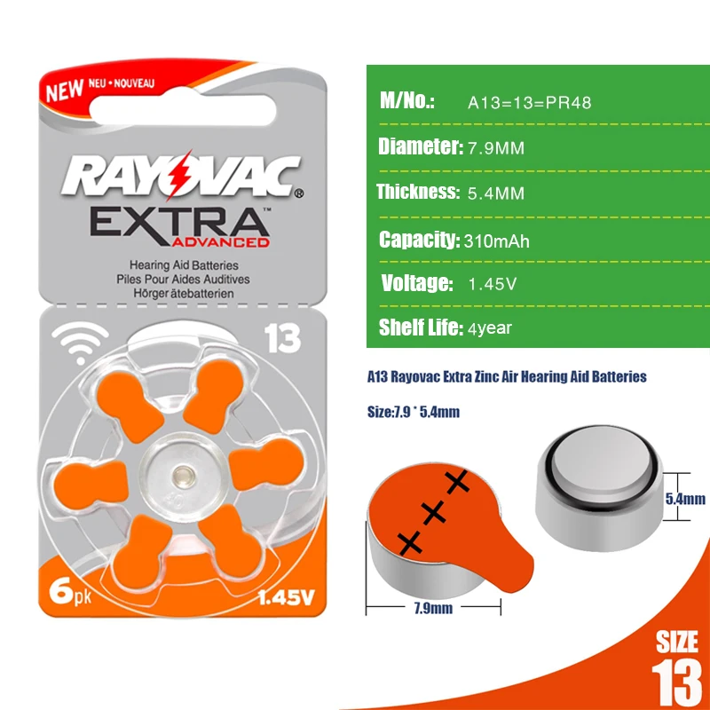 24 шт. RAYOVAC дополнительный цинк воздуха производительность слухового аппарата батареи A13 13A 13 P13 PR48 батареи слухового аппарата A13