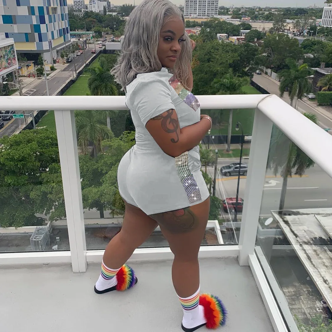 Rainbow Rhinestone Two Piece Summer Clothes for Women Short Sleeve T Shirt+ Bodycon Biker Shorts Plus Size Causal Matching Sets