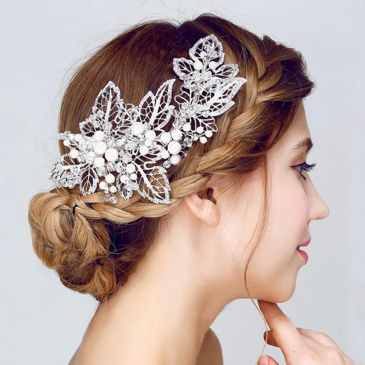 

SLBRIDAL Handmade Silver Color Pearls Flower Leaf Wedding Hair Clip Barrettes Bridal Headpieces Hair accessories Bridesmaids