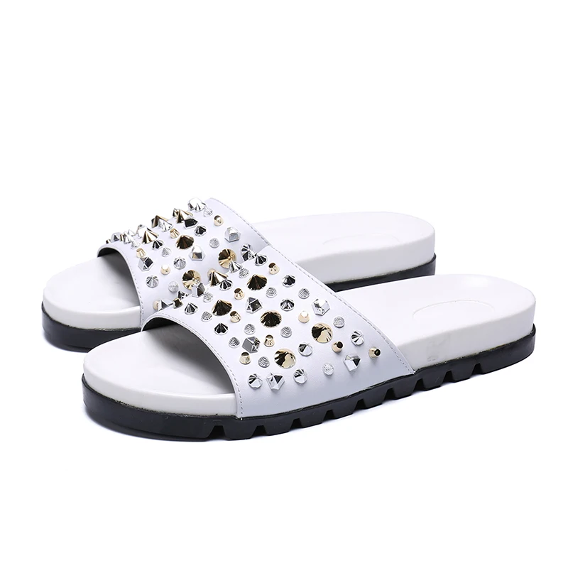 

White rivet slippers fashion Genuine leather open-toed Roman cool-soled thick-soled men's sandals men falt slippers