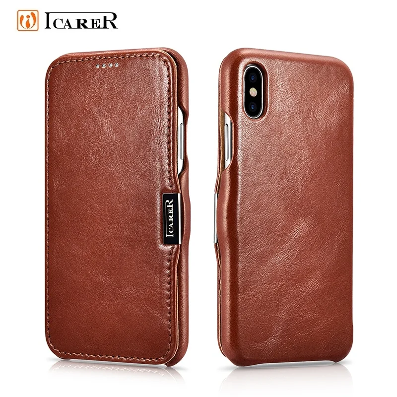

ICARER Vintage Curved Genuine Leather Metal Magnetic Flip Case For iPhone X XS XR Xs Max Shell Accessories Phone Cover Coque