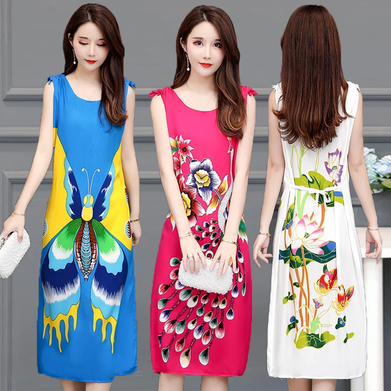 

2022 Vintage Summer Cotton Dress Short Sleeve Loose Women Elegant Floral Print Midi Dresses Casual Party Beach Sundress Vestidos
