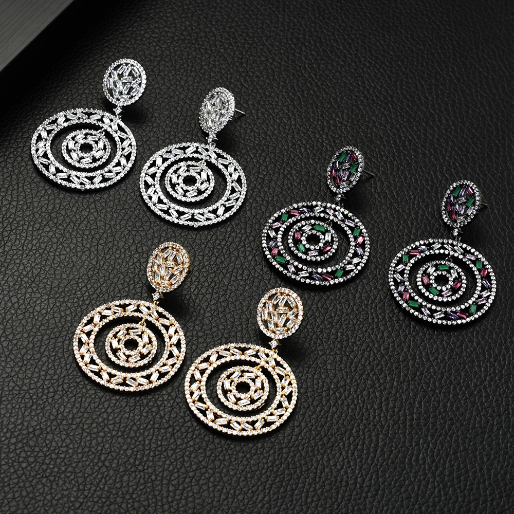 

HIBRIDE New Fashion Popular Luxury Long Round Shape Dangle Full Mirco Pave Cubic Zirconia Engagement Party Drop Earring E-574