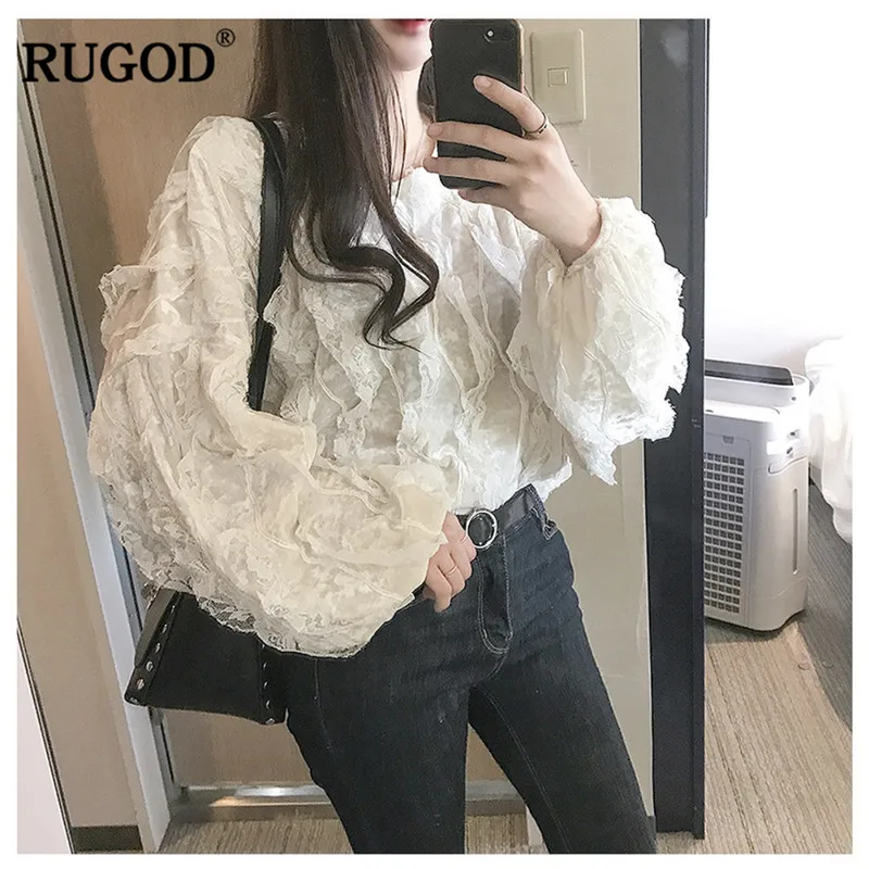 RUGOD элегантные кружевные лоскутные футболки для женщин со складками белая