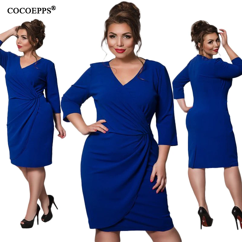 COCOEPPS 6XL БОЛЬШОЙ размер женское платье три четверти утолщенное синее с глубоким v
