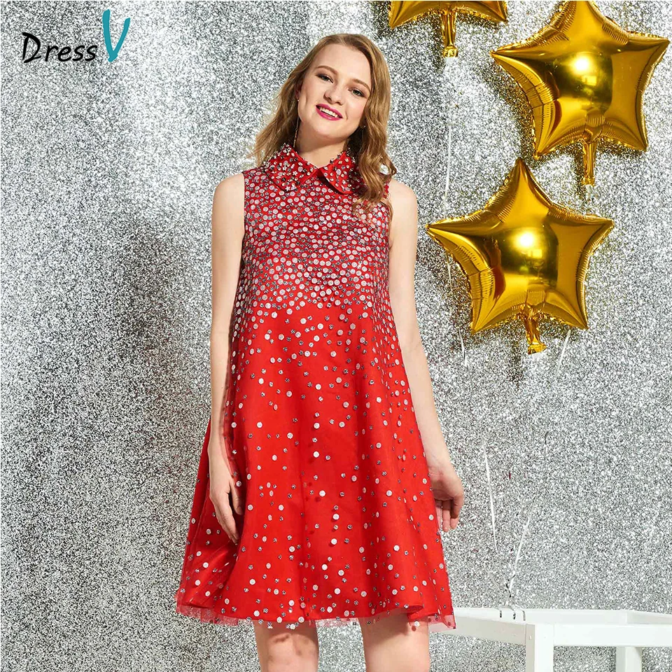 Dressv красное коктейльное элегантное короткое мини платье с высокой горловиной и