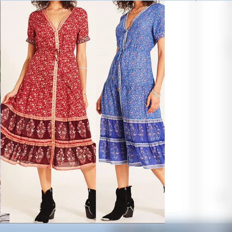 Fashion New Dress Womens Boho Floral Deep V-Neck Short Sleeve Long Evening Party Casual Loose Beach Sundress | Женская одежда