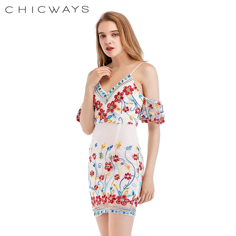 Chicways цветочные Вышитые пикантные холодное плечо короткий рукав мини