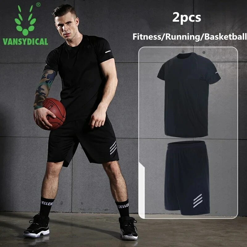 Vansydical фитнес костюм для бега спортивный мужчин короткий рукав + шорты набор