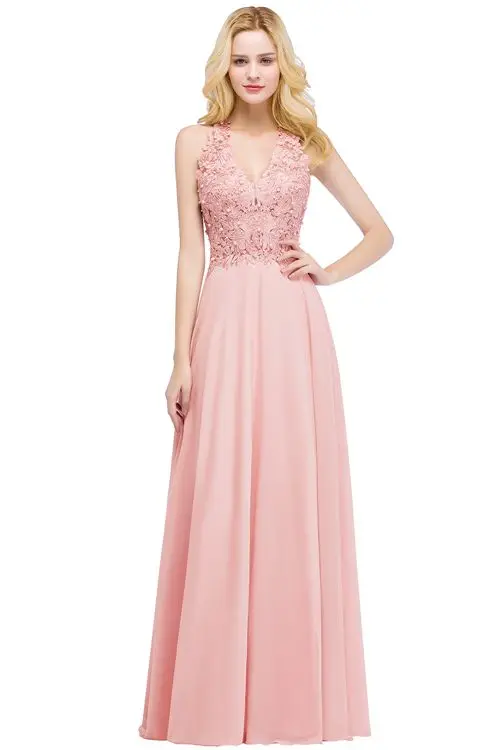 Robe demoiselle d'honneur Sexy V Neck Dusty Pink Lace Bridesmaid Dresses Long A Line Chiffon Pears Formal Prom Party Gowns - Цвет: pearl pink