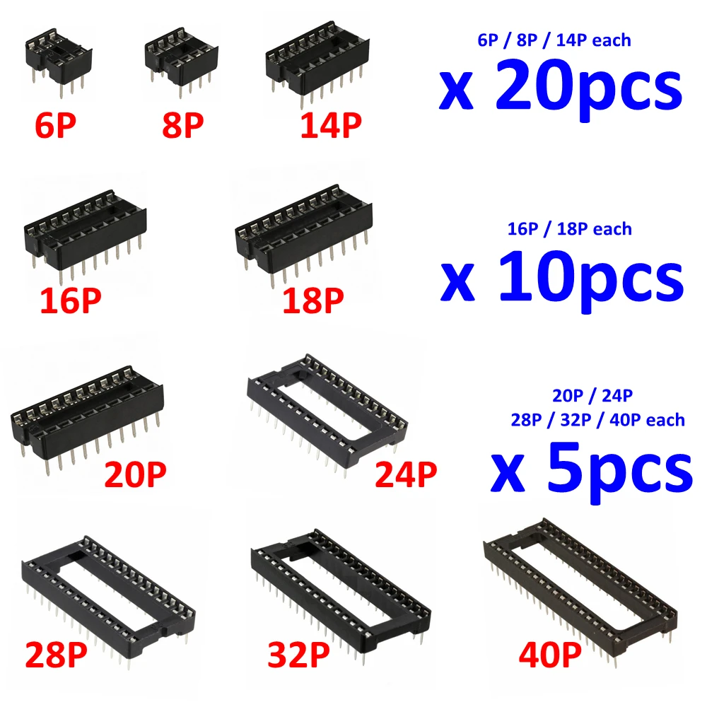 PHISCALE 105 шт. IC розетка 10 значений dip 6P 8P 14P 16P 18P 20P 24P 28P 32P 40P Адаптер Тип пайки комплект