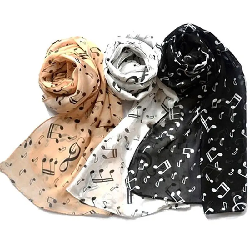 Женская шифоновая шаль с музыкальными нотами длинная черный/белый/кофейный шарф