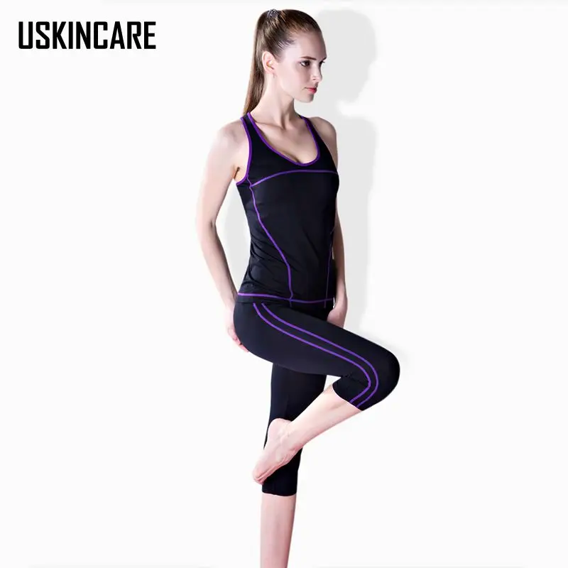 2 шт. Для женщин Йога Комплект Топ футболки + узкие леггинсы капри спортивные