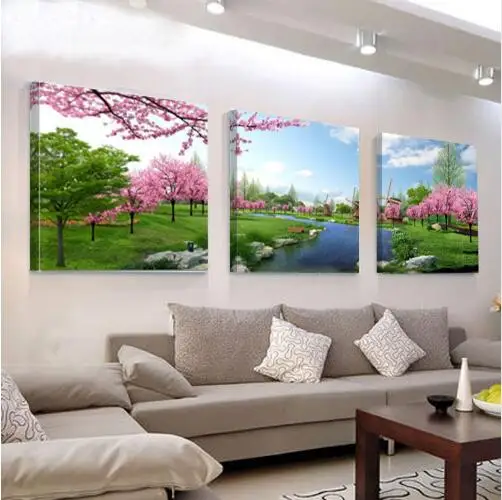 3 Pieces The Peach Blossom Lake Landscape Print Paintings Canvas Painting Home Decorative Pictures Abstract Living Room | Дом и сад