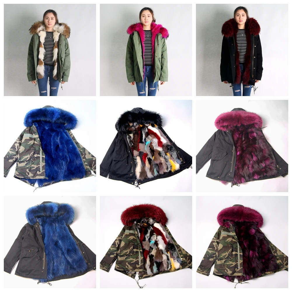 QIUCHEN 8030 2018 Winter Outwear Real Fox Fur Lined Parka With Natural Big Size Raccoon Collar Trim women winter coat | Женская одежда