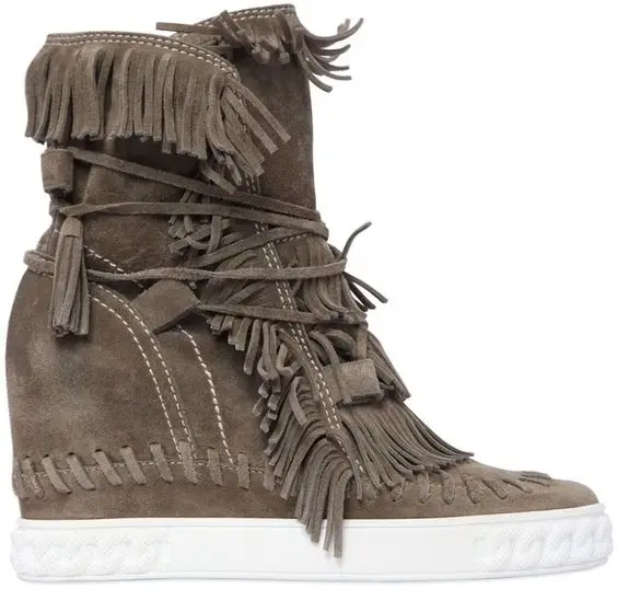 

Moraima Snc Suede Fringed 8cm Height Increasing Woman Boots Round Toe Lace-up Ankle Boots Platform Wedge Casual Shoe