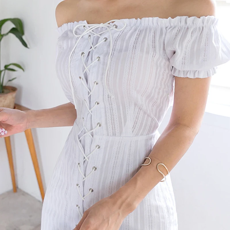 Summer Vintage Slash-neck Lace Up Women Short Dress Elegant Off-shoulder Slim Waist Female Mini Feahsion Beach Vestidos | Женская одежда