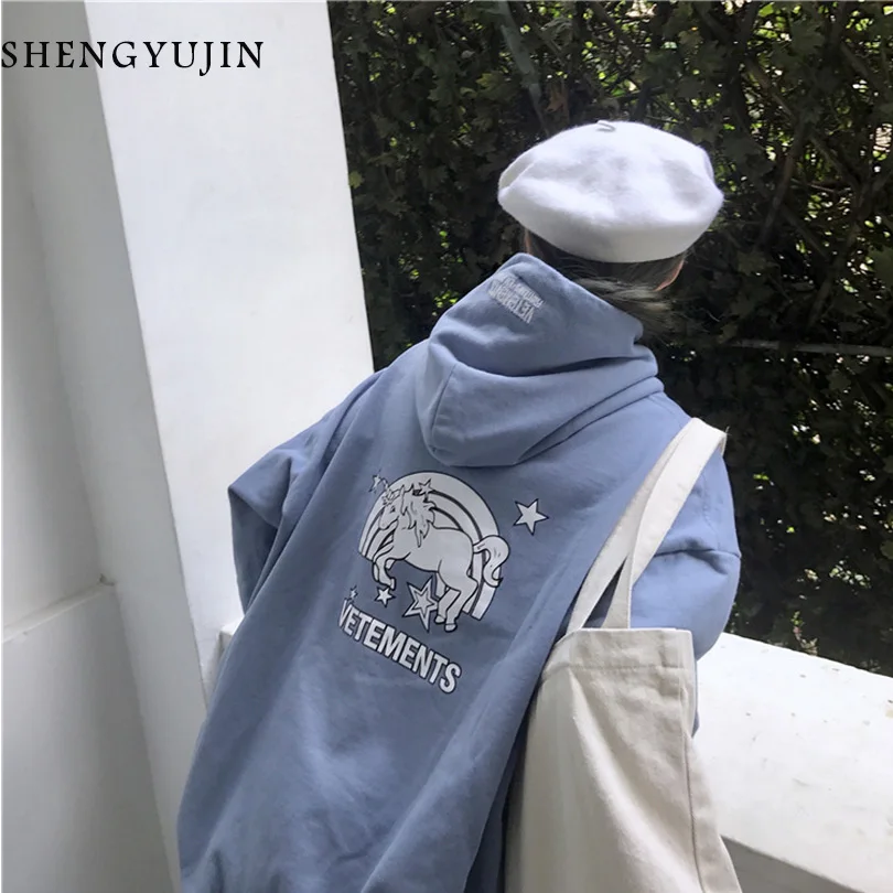 SHENGYUJIN хлопок 2019 для женщин толстовки Harajuku Свободные печатных Единорог тонкий