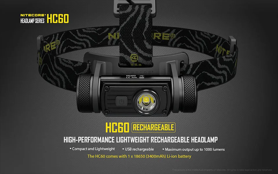 Nitecore HC60 налобный фонарь CREE XM-L2 U2 1000 люмен, водонепроницаемый фонарь для кемпинга и путешествий