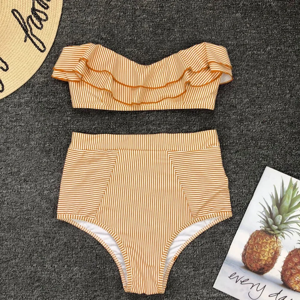 

High Waist Bikini Set Push Up Ruffle Swimsuit Female Summer 2019 Striped Beach Wear Solid Swimwear Women Bathing Suit Biquinis