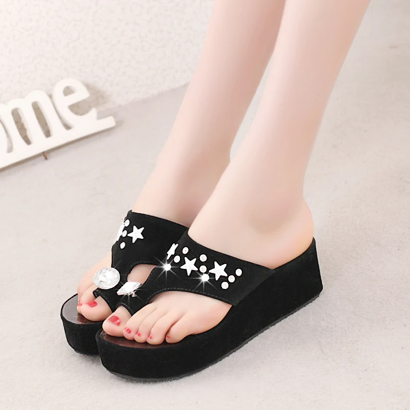 Brand women's sandals wedge with rhinestone slippers thick platform muffin summer beach shoes woman C0200 | Обувь