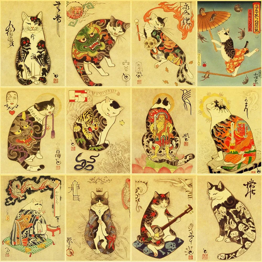 

5D DIY Винтаж Японский самурайский Кот алмазная живопись тату Кот Ретро постеры холст мозаика вышивка Настенная живопись для дома