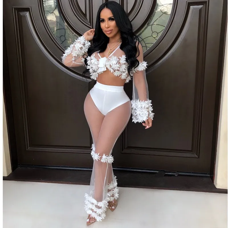 Women Appliques Sheer Mesh Two Piece Set Sexy See-Through Flare Sleeve Crop Top and High Waist Pants Suits | Женская одежда