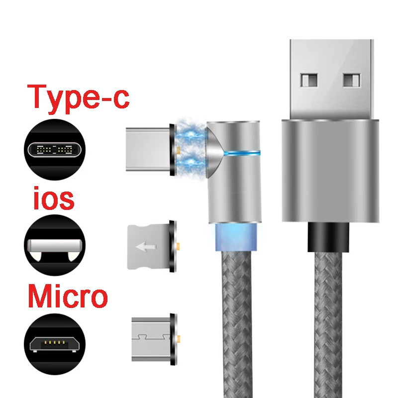 2 м L Line 90 градусов 3 в 1 Магнитный кабель Micro USB и usb type C светодиодный магнитный для